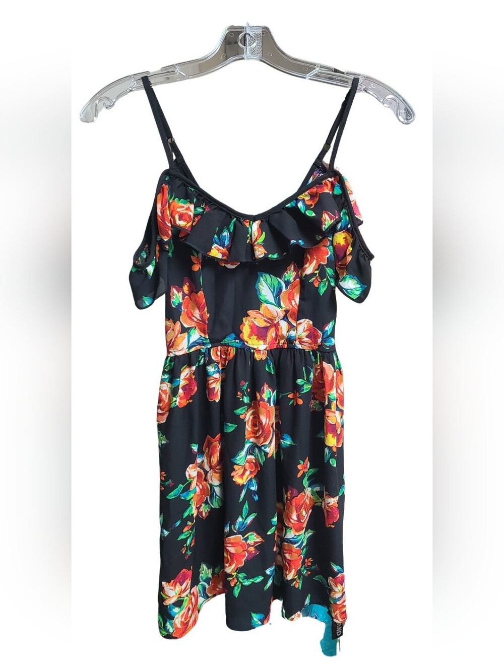 Xhilaration Floral Off Shoulder Dress XS Black Rose Print Pockets